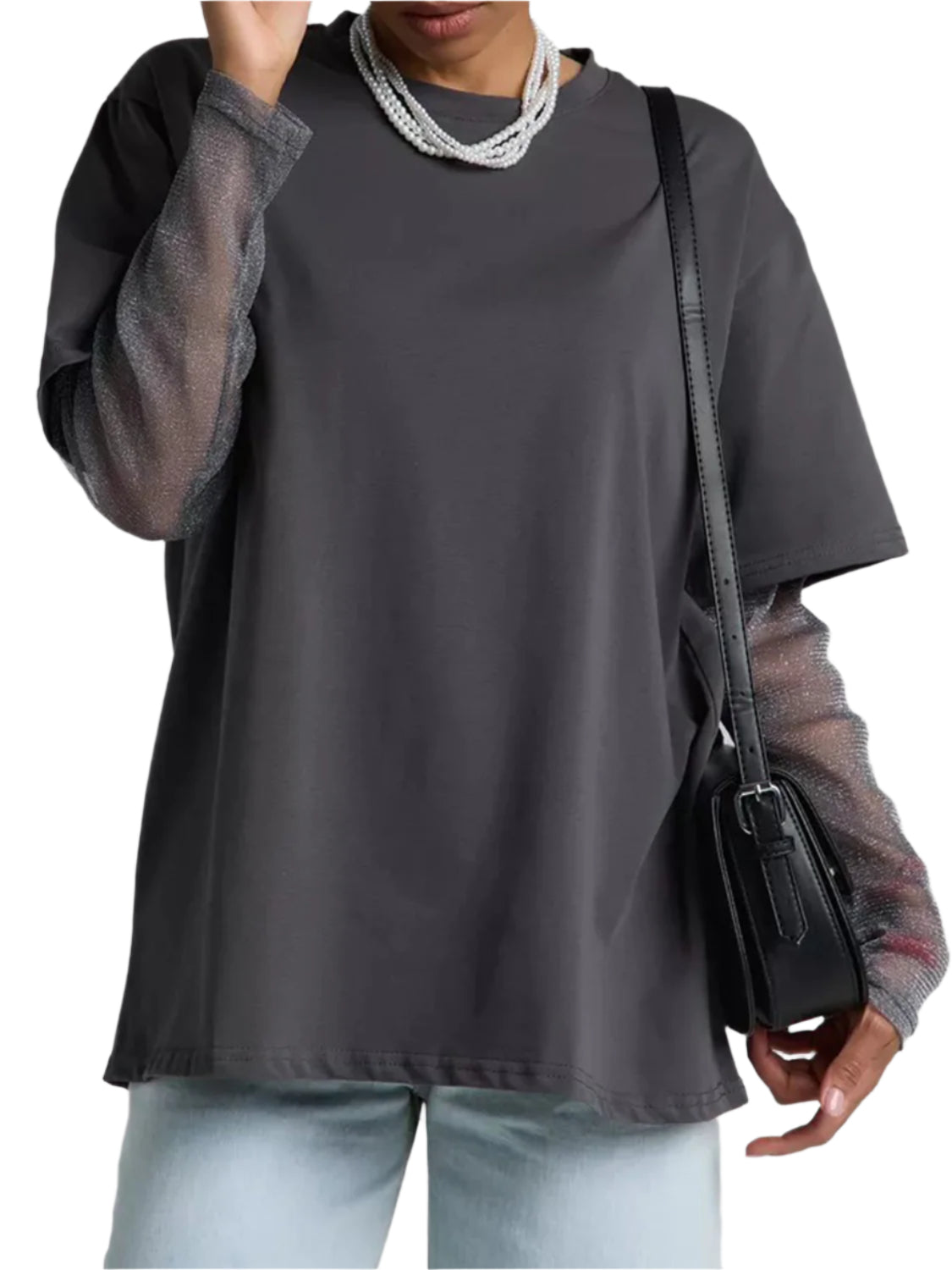 Faux Layered Round Neck Mesh Sleeve Top