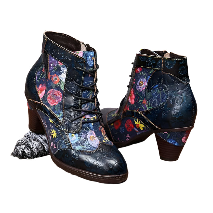 Cowhide Side Zipper Floral High Heel Ankle Boots