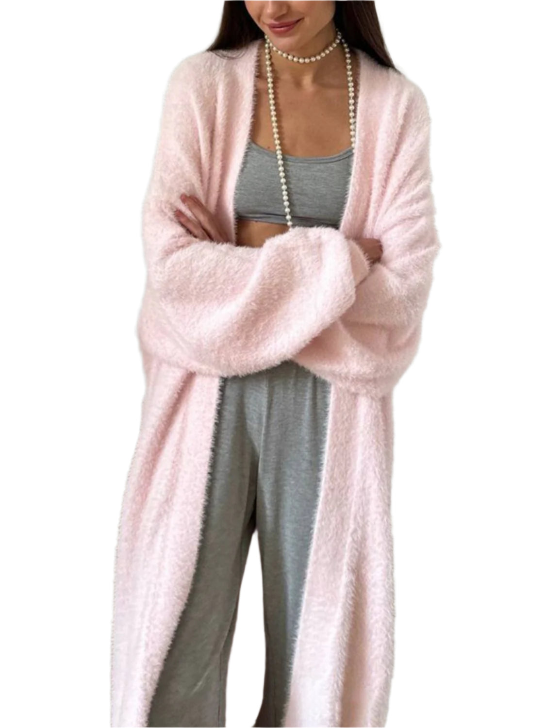 Fuzzy Open Front Solid Color Cardigan