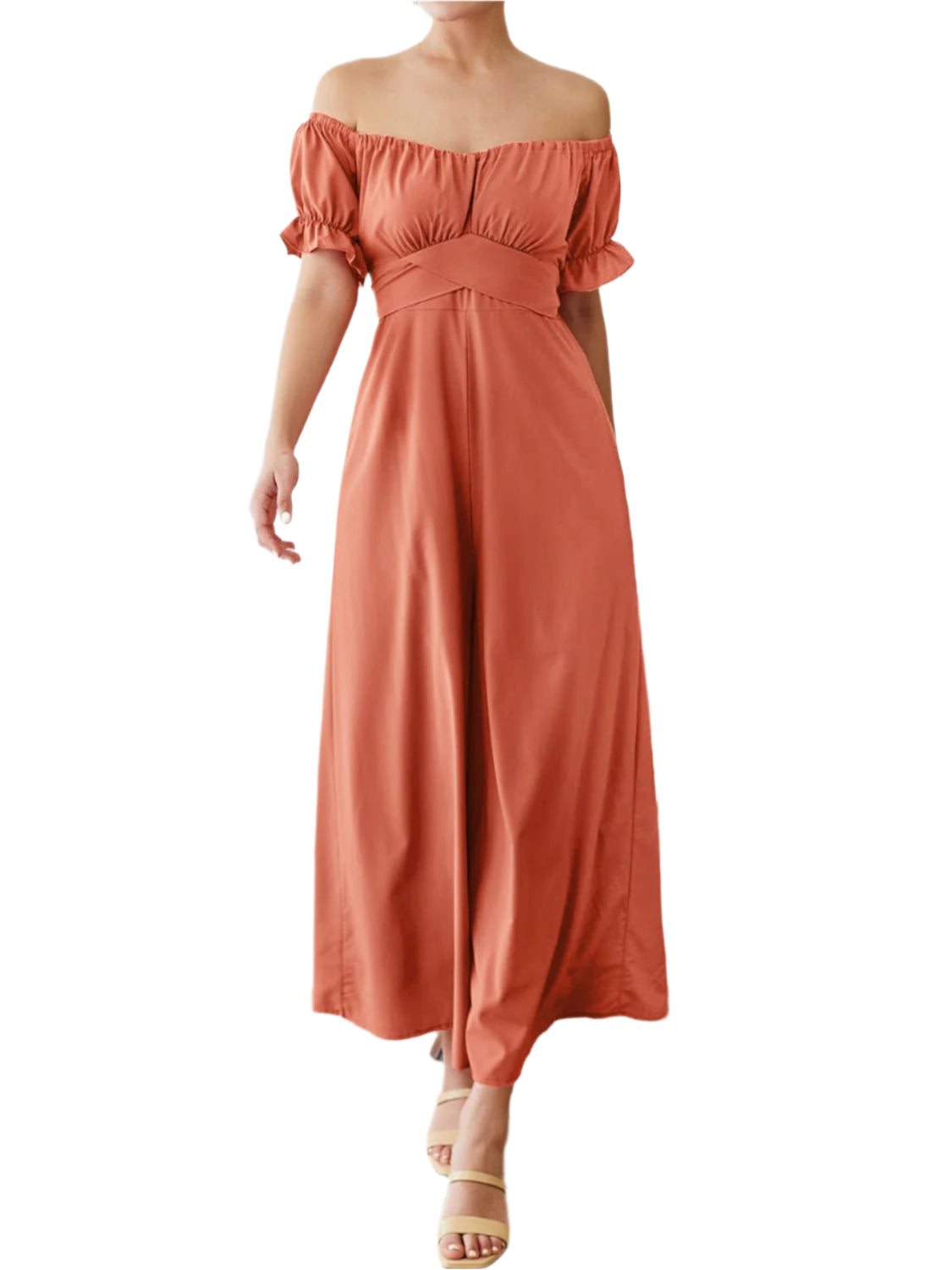 Off-Shoulder Short Sleeve Wide Leg Jumpsuit