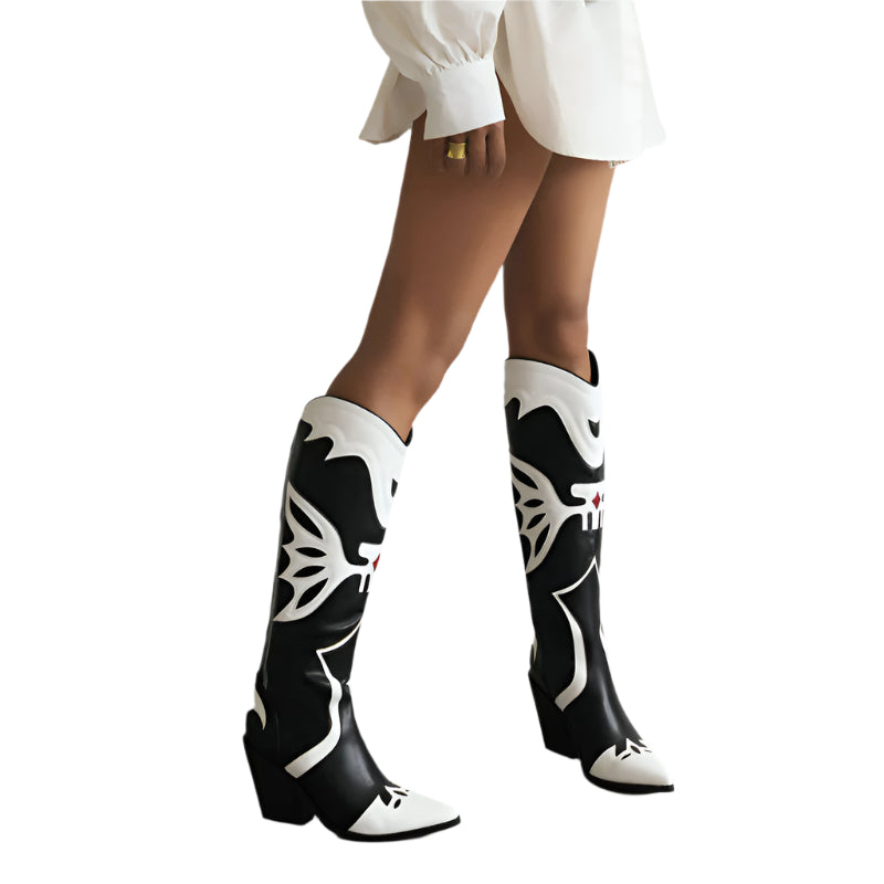 Black and White PU Leather Cowboy Boots