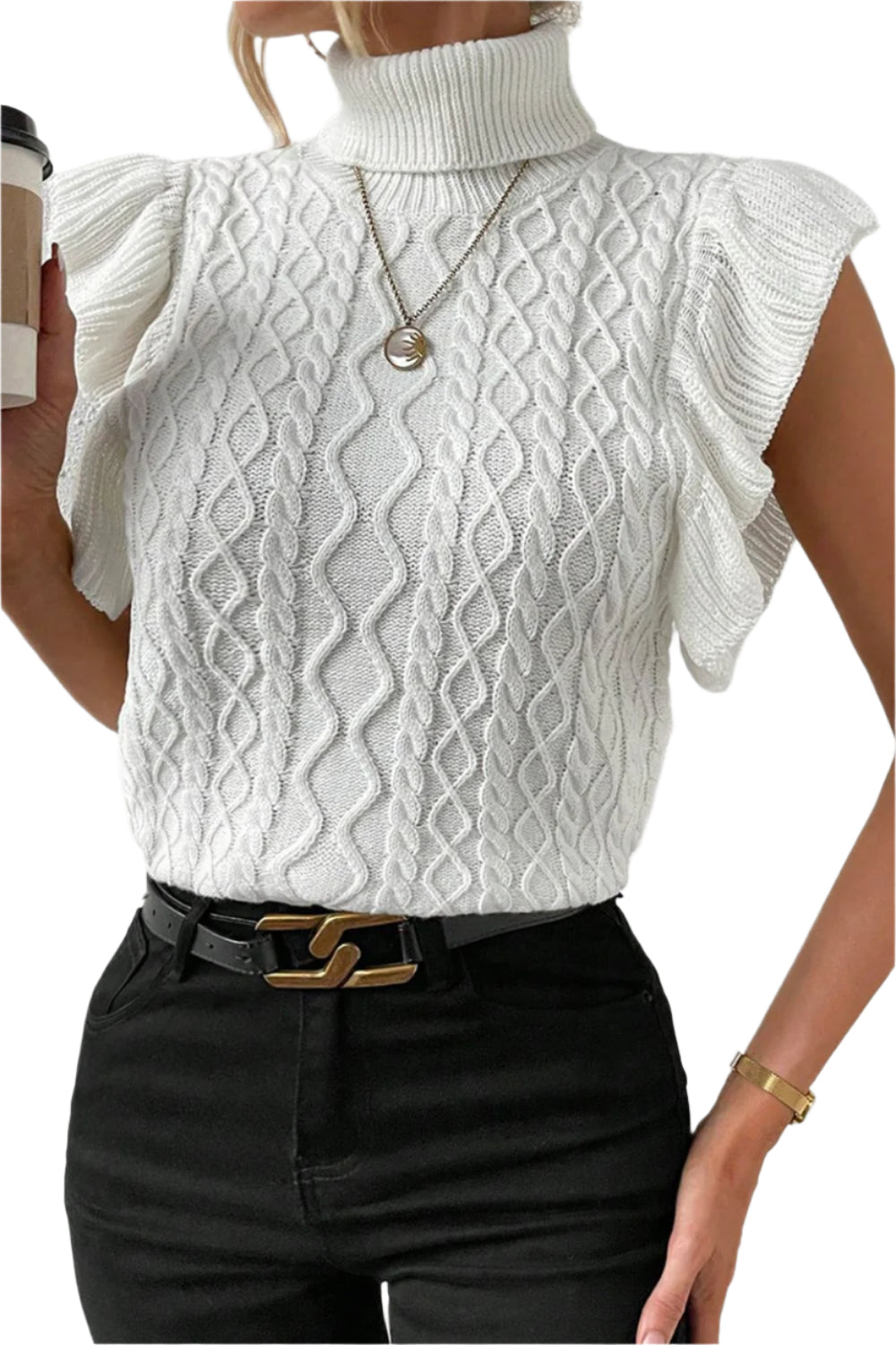 Cable-Knit Turtleneck Cap Sleeve Sweater