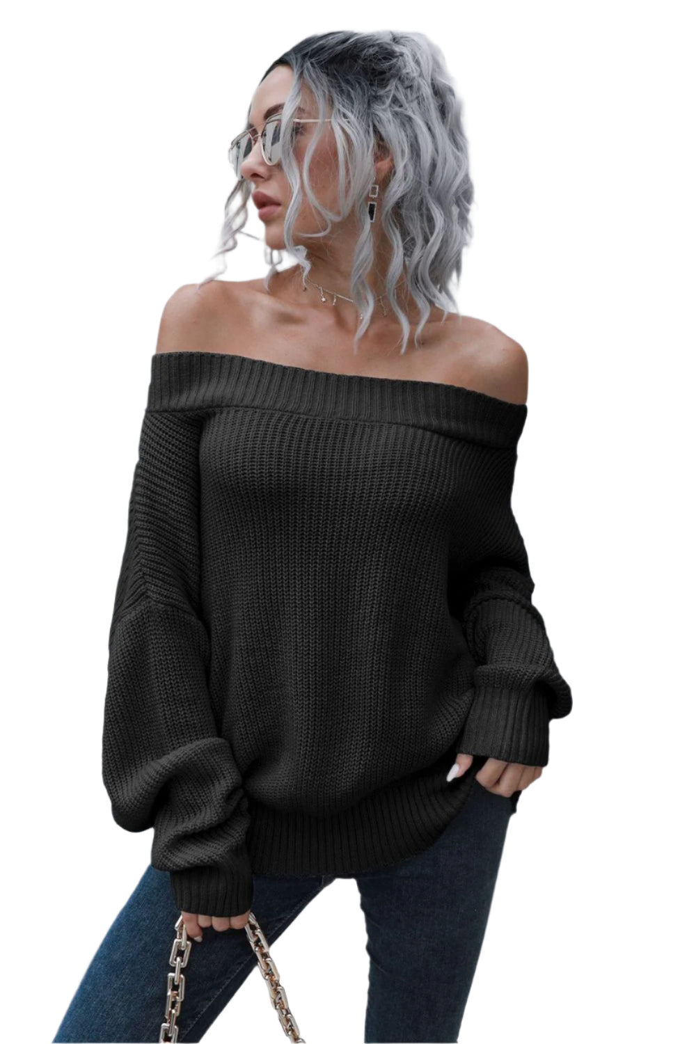 Off-Shoulder Ribbed Long Sleeve Pullover Sweater