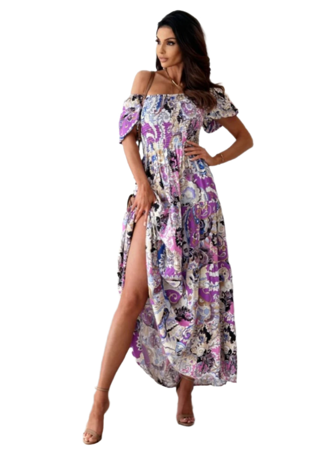 Smocked Printed Short Sleeve Maxi Dress