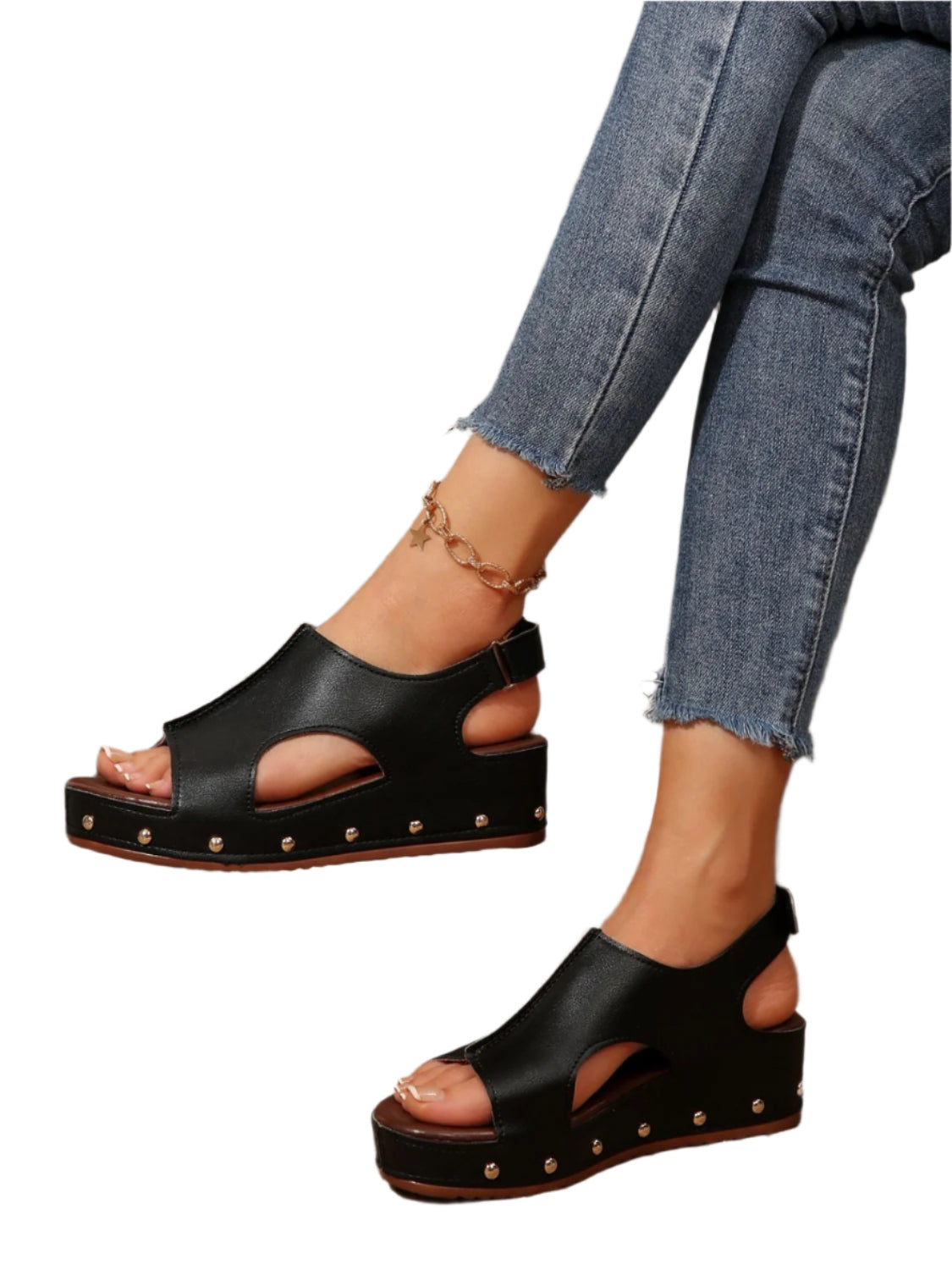 PU Leather Studded Wedge Sandals