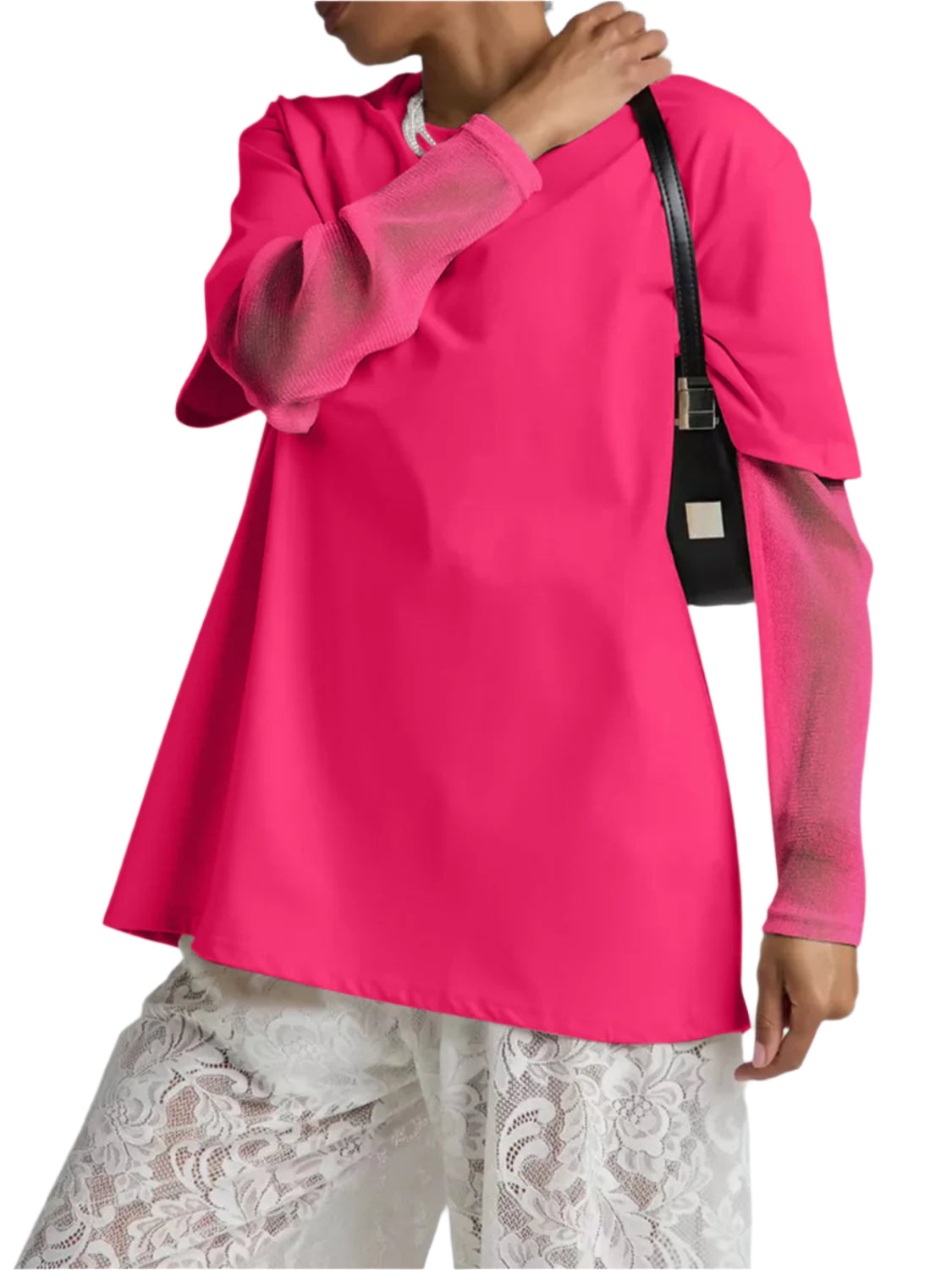 Faux Layered Round Neck Mesh Sleeve Top