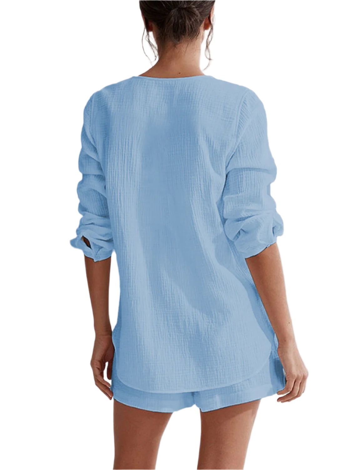 Notched Long Sleeve Top and Shorts Set