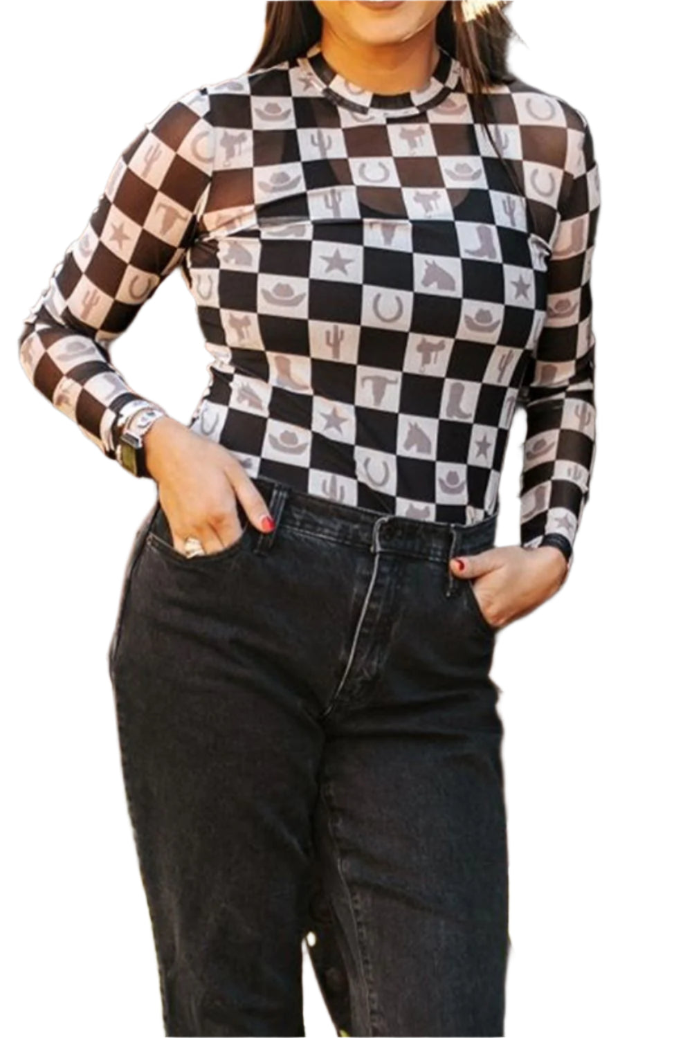 Checkered Mock Neck Long Sleeve Top