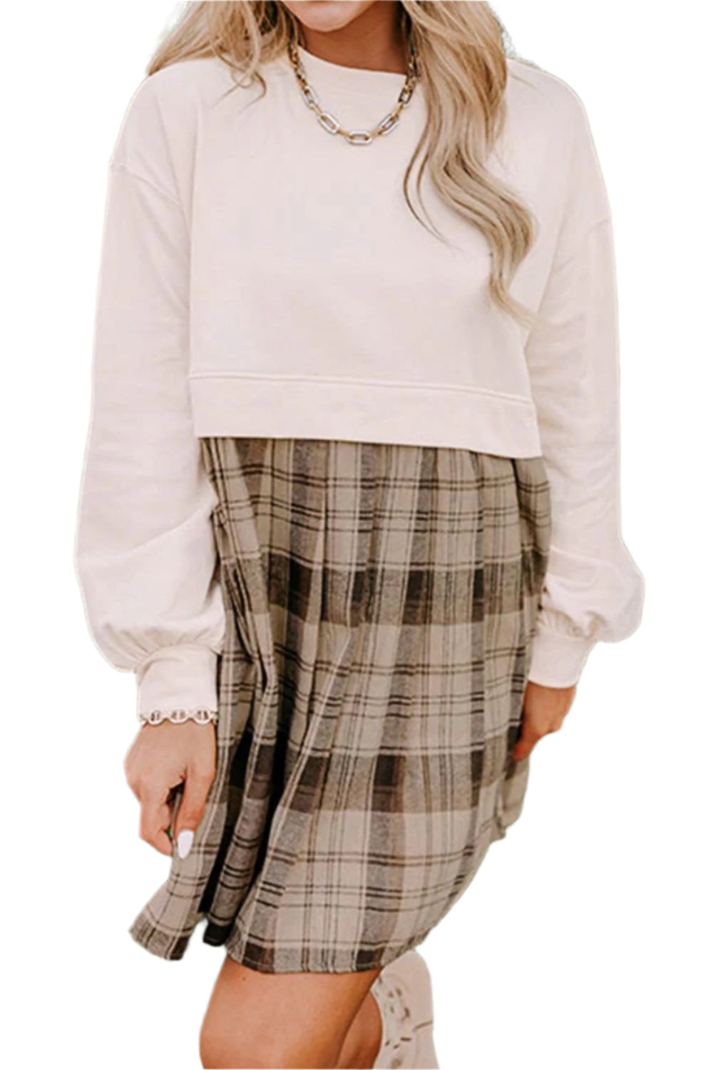 Plaid Round Neck Long Sleeve Mini Dress