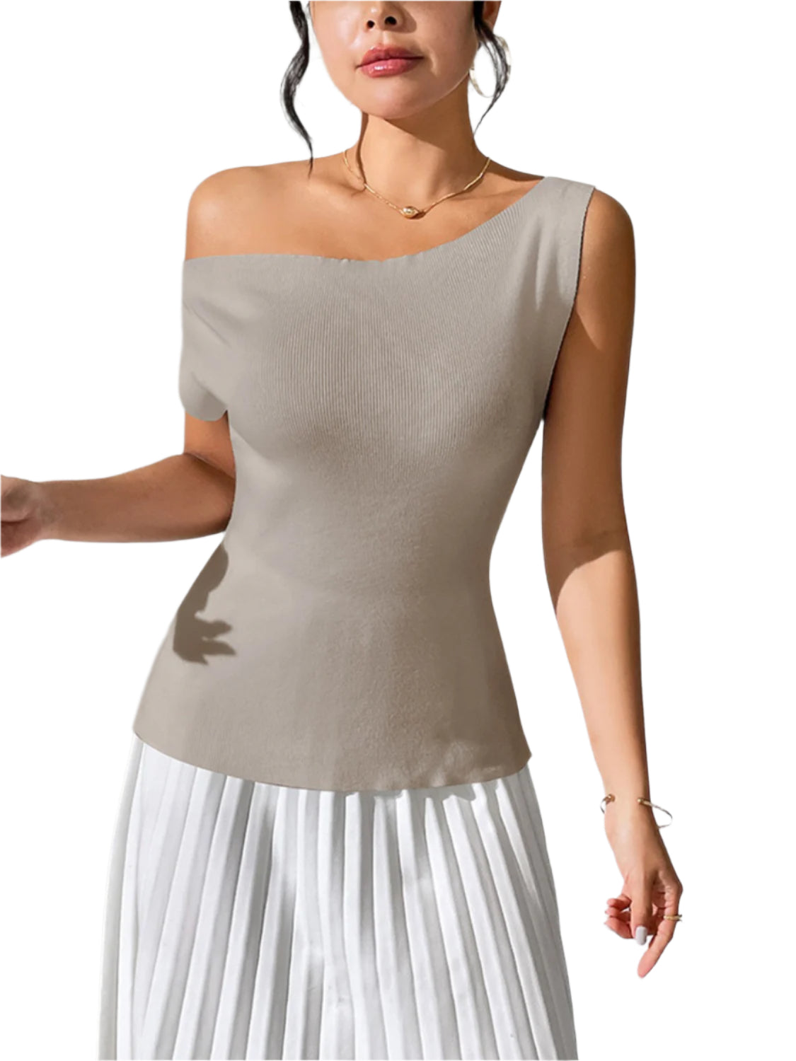 Single Shoulder Short Sleeve Knit Top