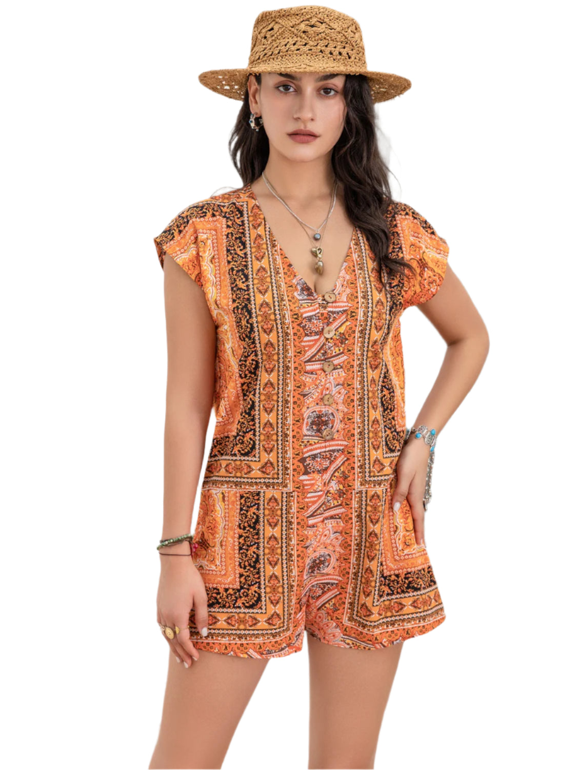 Printed V-Neck Cap Sleeve Romper