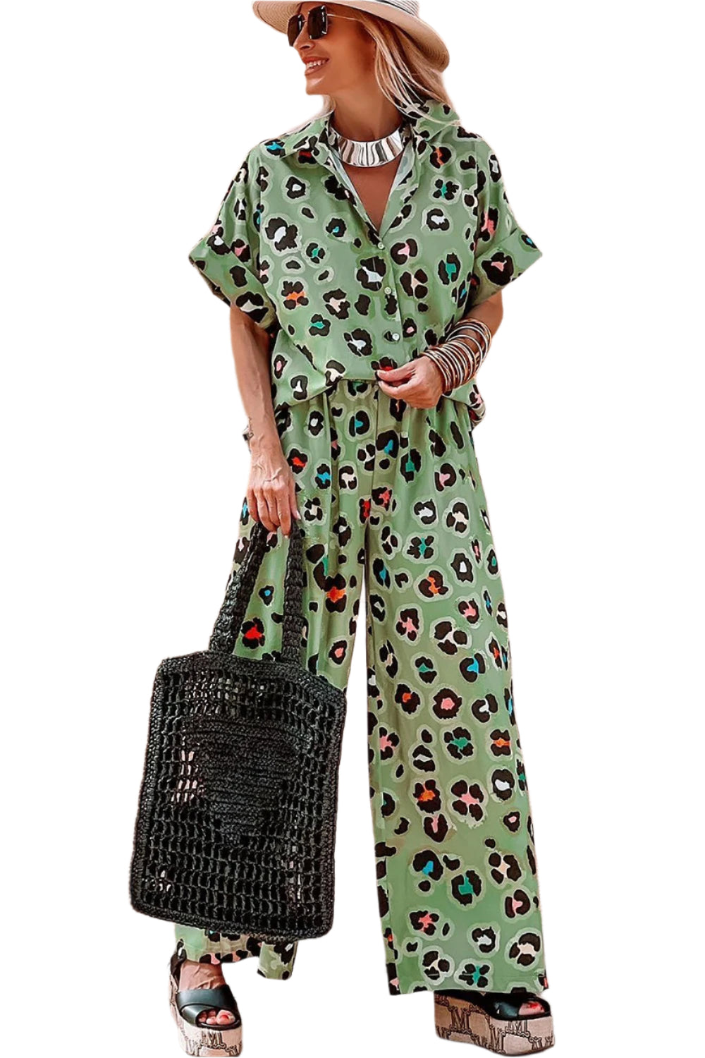 Leopard Collared Neck Top and Pants Set