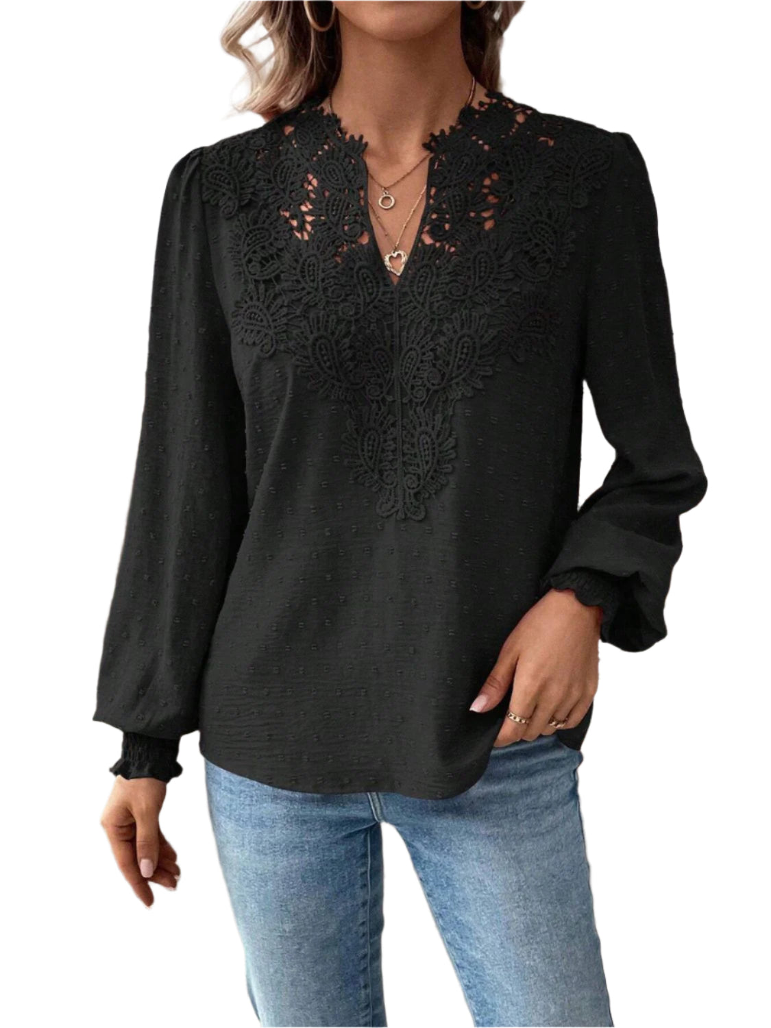 Swiss Dot Lace Detail Notched Long Sleeve Blouse