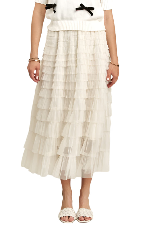 ADORA Elastic Waist Layered Mesh Midi Skirt