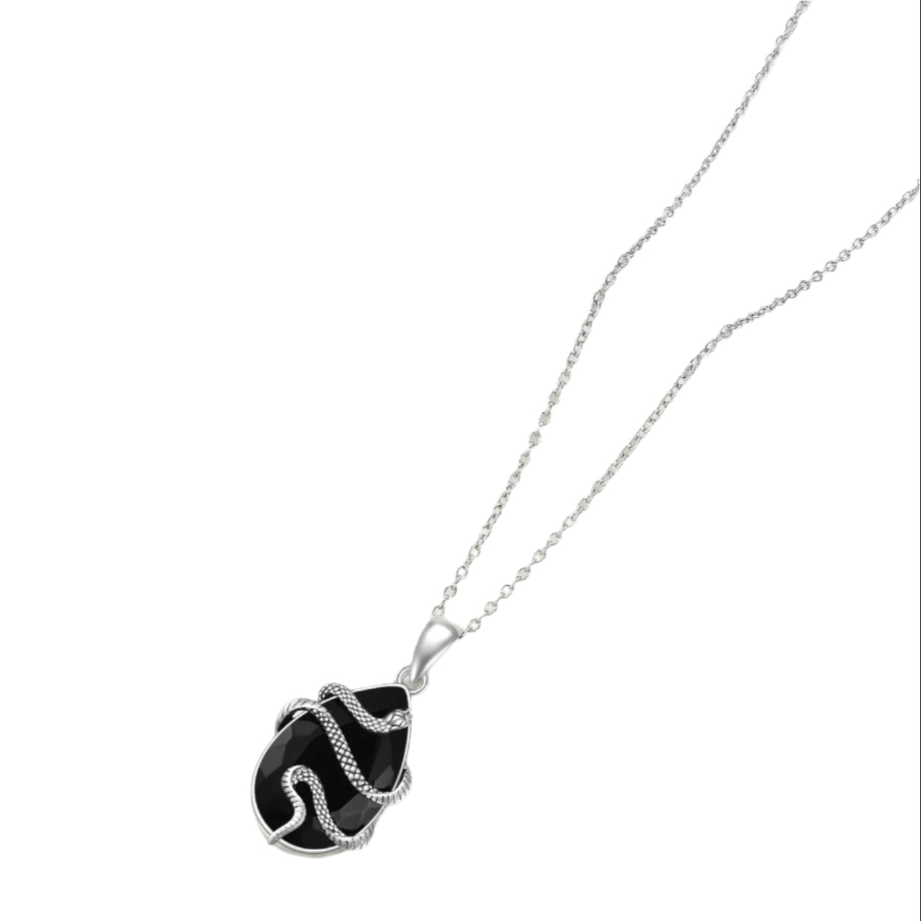 Black Tourmaline Crystal Teardrop Snake Wrapped 925 Sterling Silver Necklace