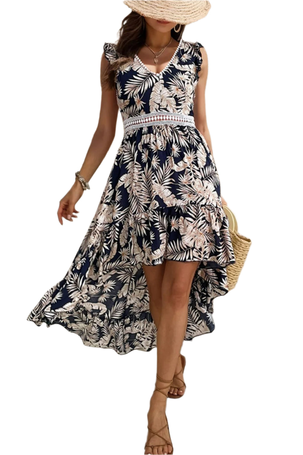 Perfee High-Low Printed V-Neck Cap Sleeve Midi Dress