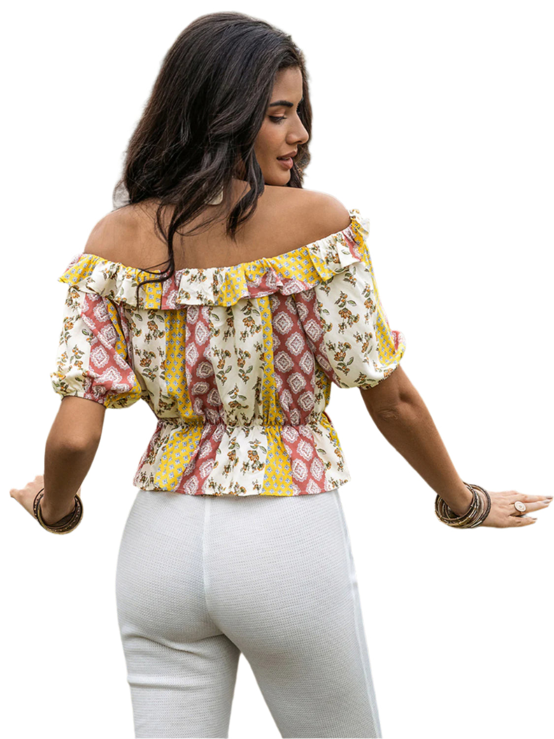 Ruffled Printed Off-Shoulder Short Sleeve Blouse