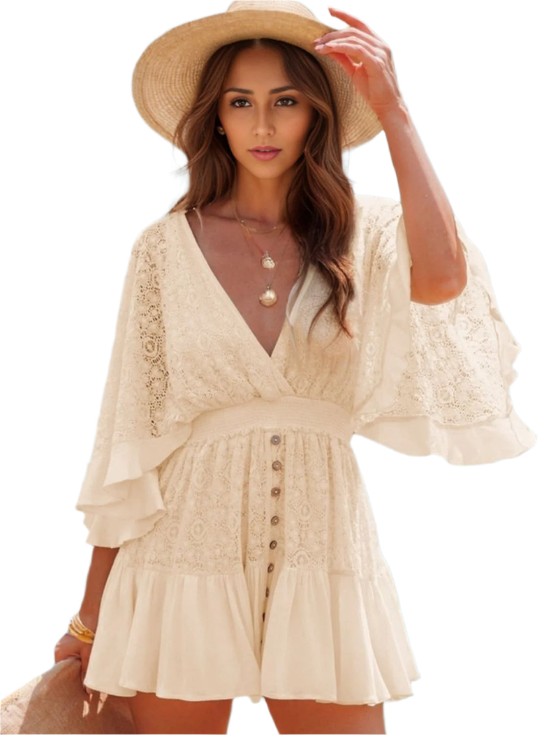 Ruffle Hem Tie Back Lace Mini Dress