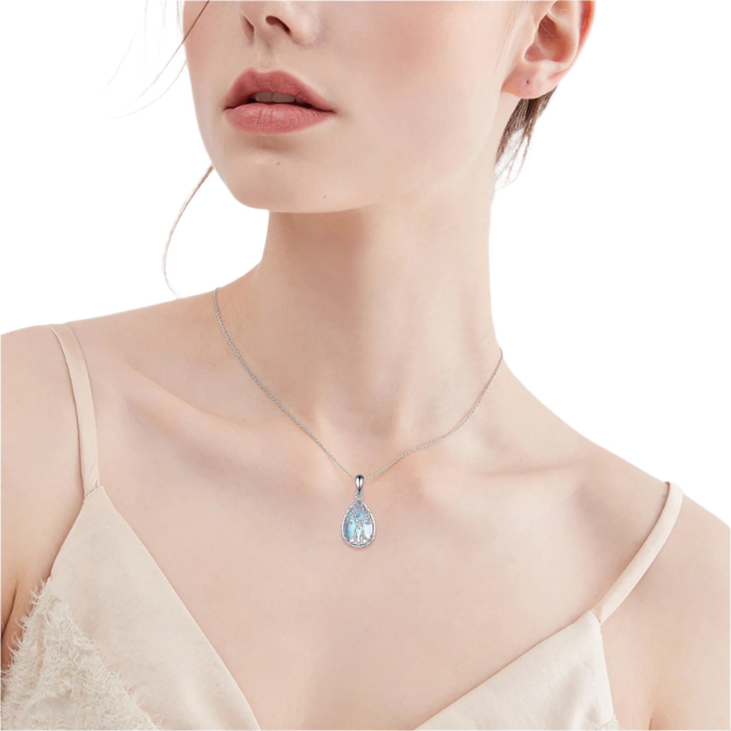 Ask and Embla in Yggdrasil Pendant 925 Sterling Silver Necklace with Malachite or Moonstone Crystal