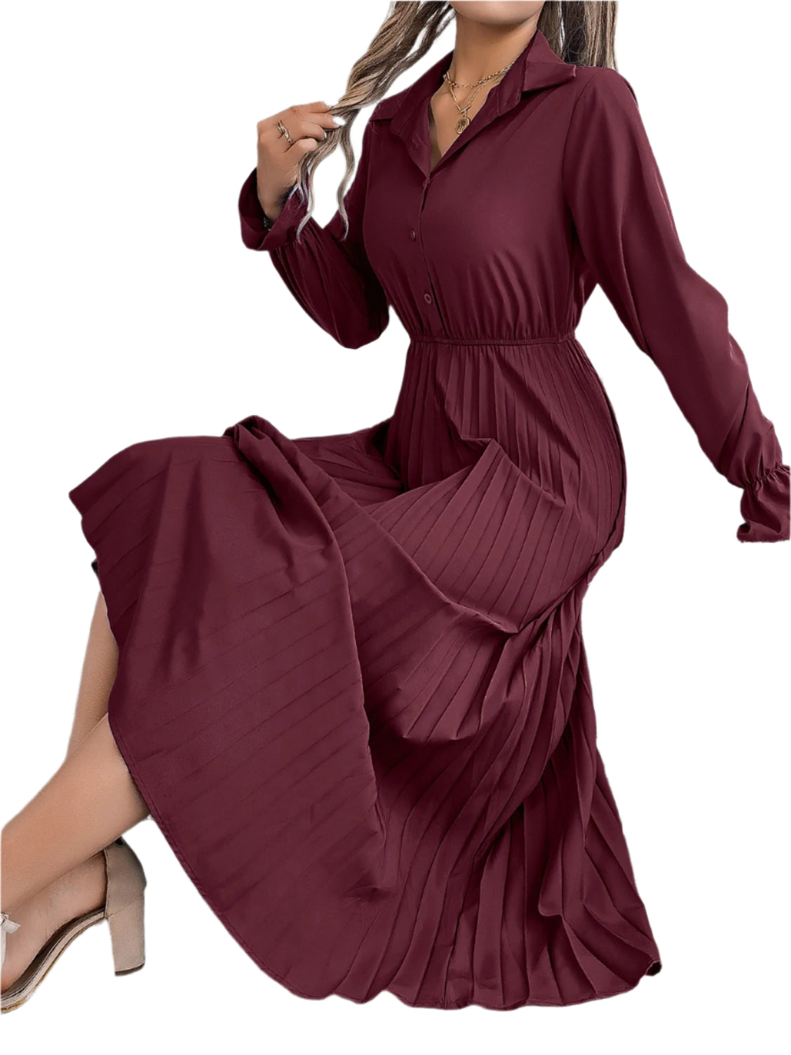 Pleated Half Button Long Sleeve Midi Dress