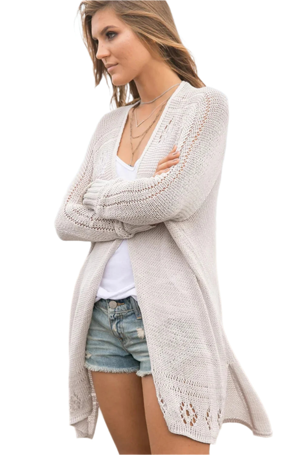 Openwork Side Slit Open Front Long Sleeve Cardigan