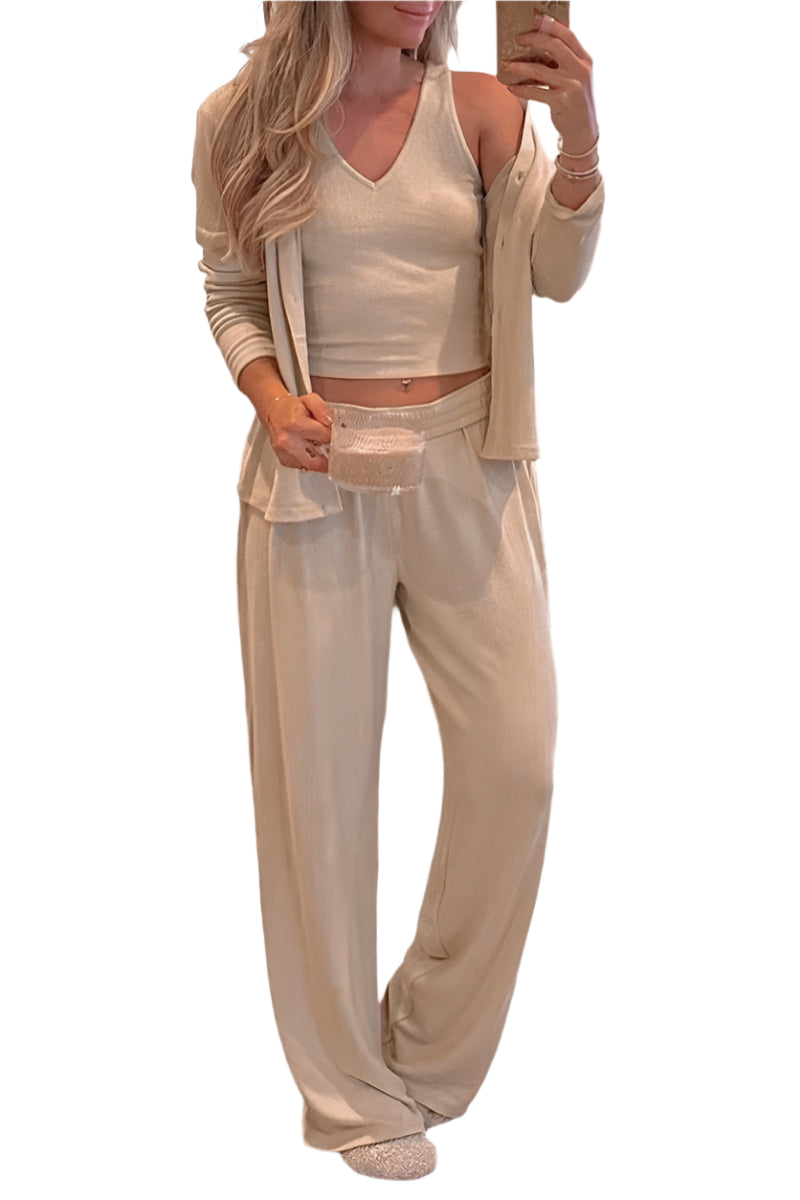V-Neck Tank, Open Front Cardigan and Pants Lounge Set
