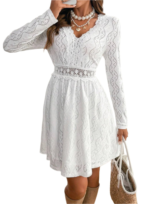 Lace Detail V Neck Long Sleeve Mini Dress