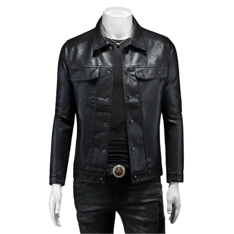Men's Button Down PU Leather Jacket