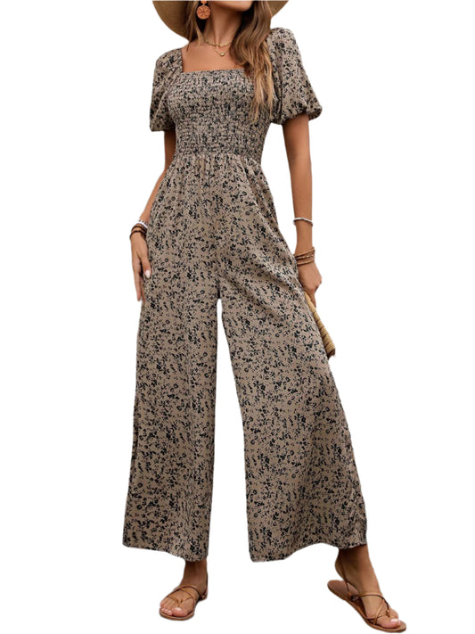 Perfee Smocked Printed Square Neck Puff Sleeve Jumpsuit