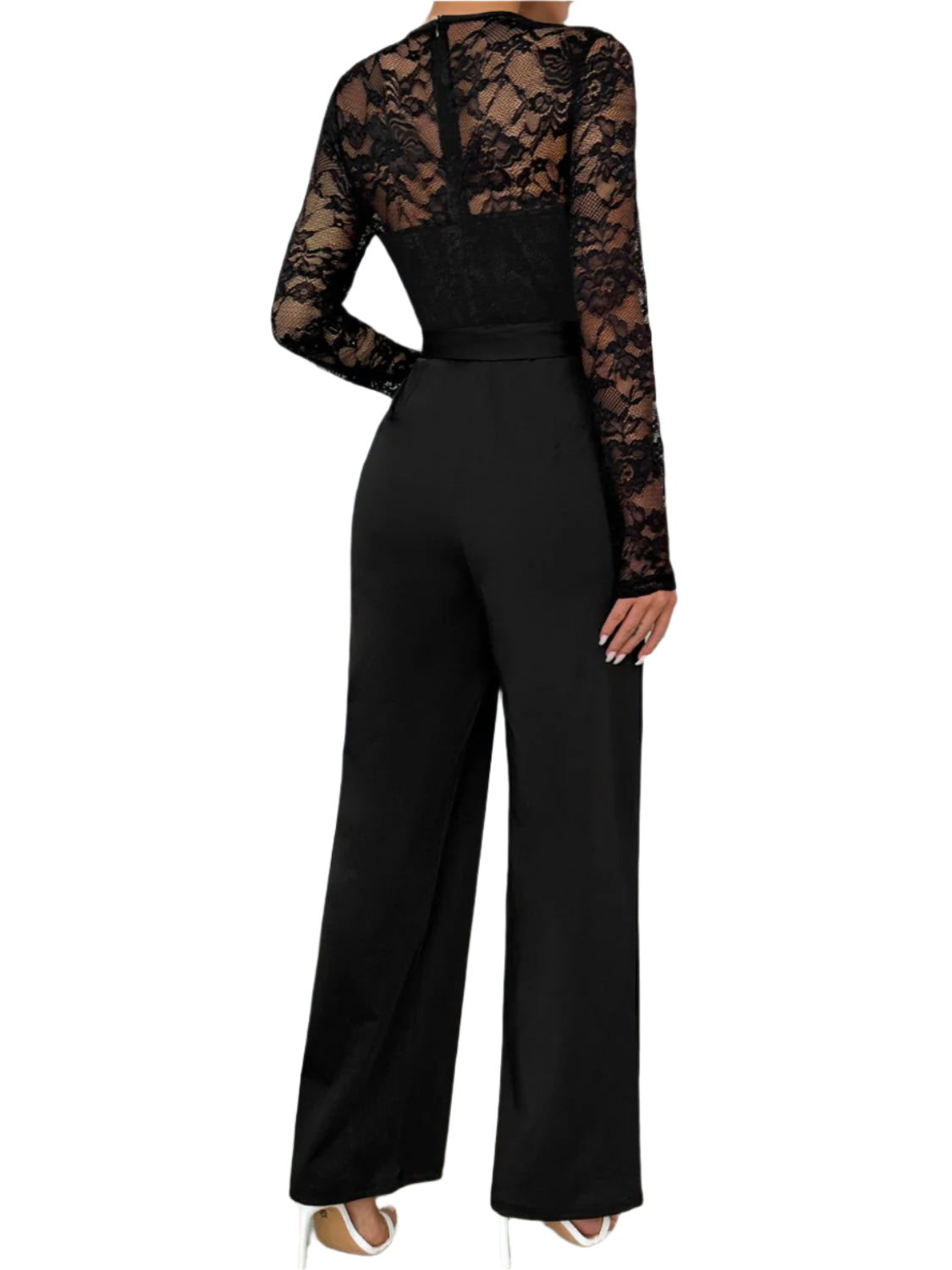 Perfee Lace Round Neck Long Sleeve Jumpsuit