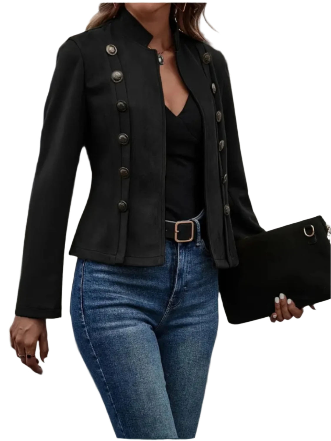 Decorative Button Open Front Long Sleeve Jacket