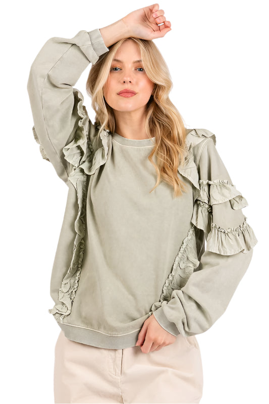 Mittoshop Ruffled Mineral Washed Round Neck Long Sleeve Sweatshirt