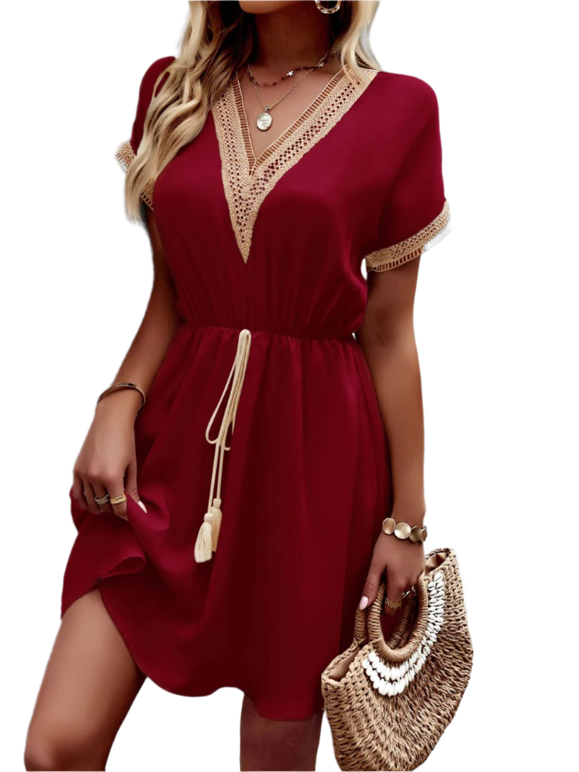 Devine Contrast Trim V-Neck Short Sleeve Mini Dress