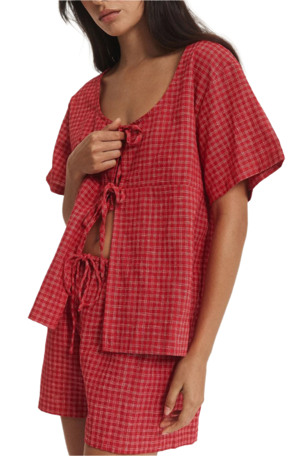Plaid Tied Scoop Neck Short Sleeve Top and Drawstring Shorts Set