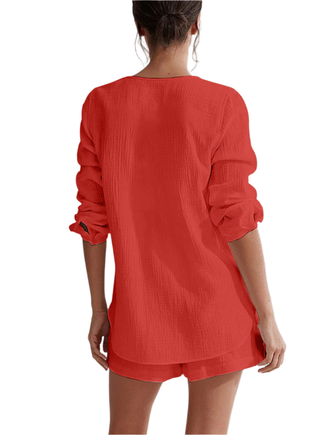 Notched Long Sleeve Top and Shorts Set