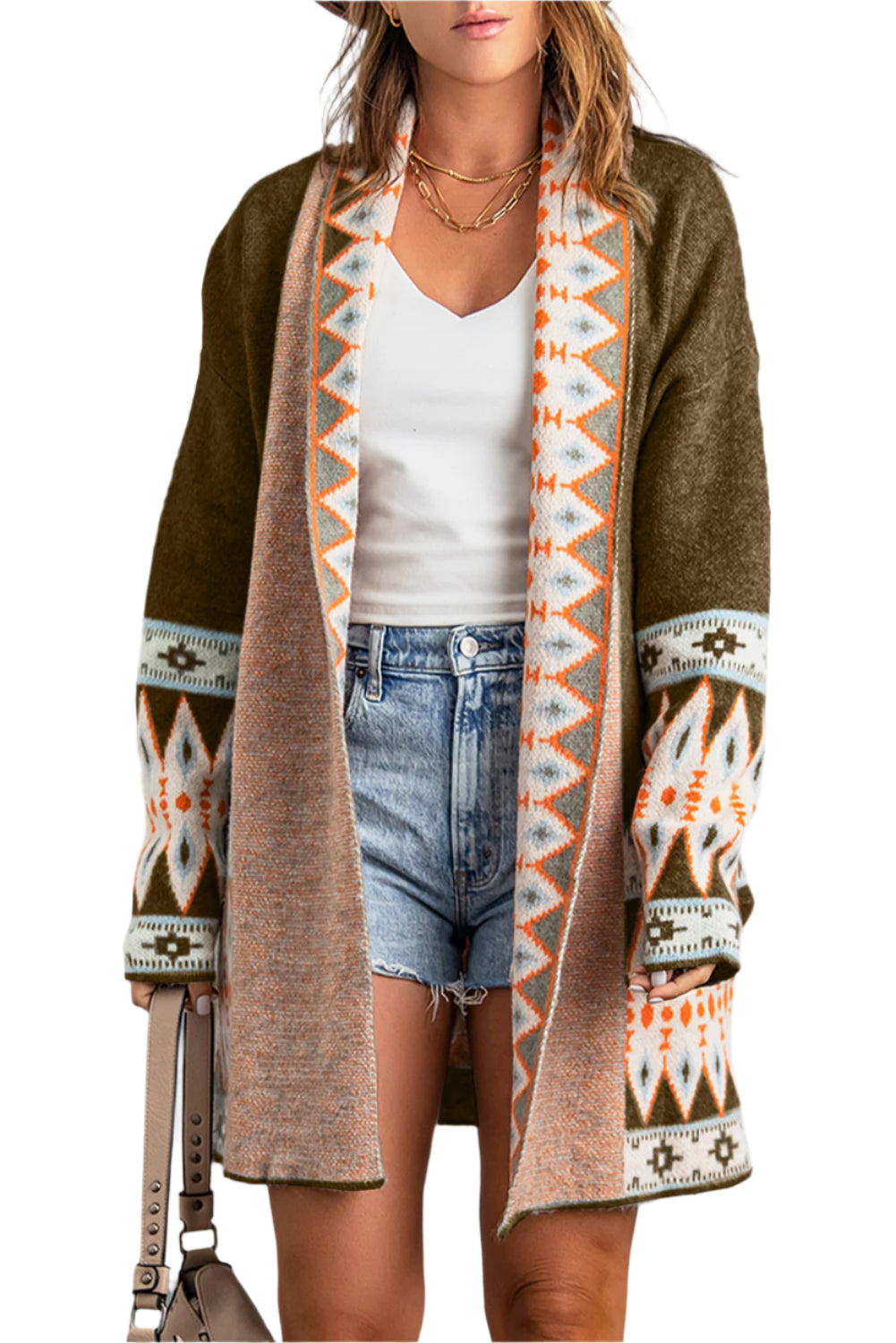 Geometric Open Front Long Sleeve Cardigan