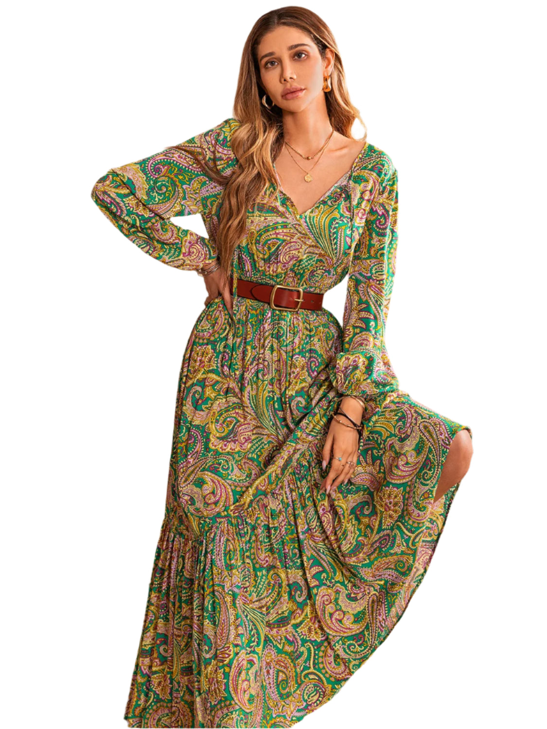 Printed Tie Neck Long Sleeve Dress