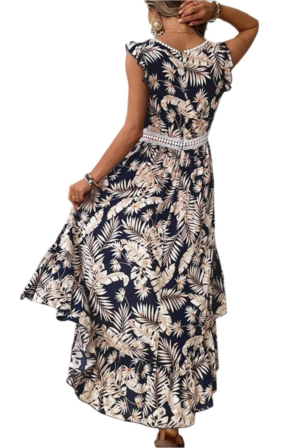 Perfee High-Low Printed V-Neck Cap Sleeve Midi Dress