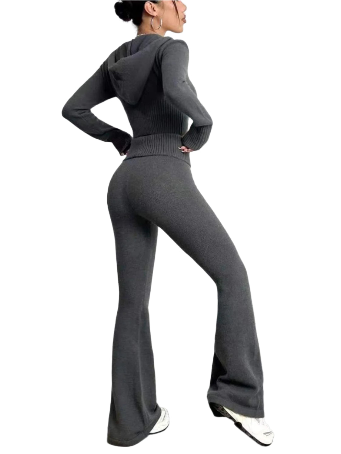 Zip Up Hooded Top and Flare Pants Sweater Set