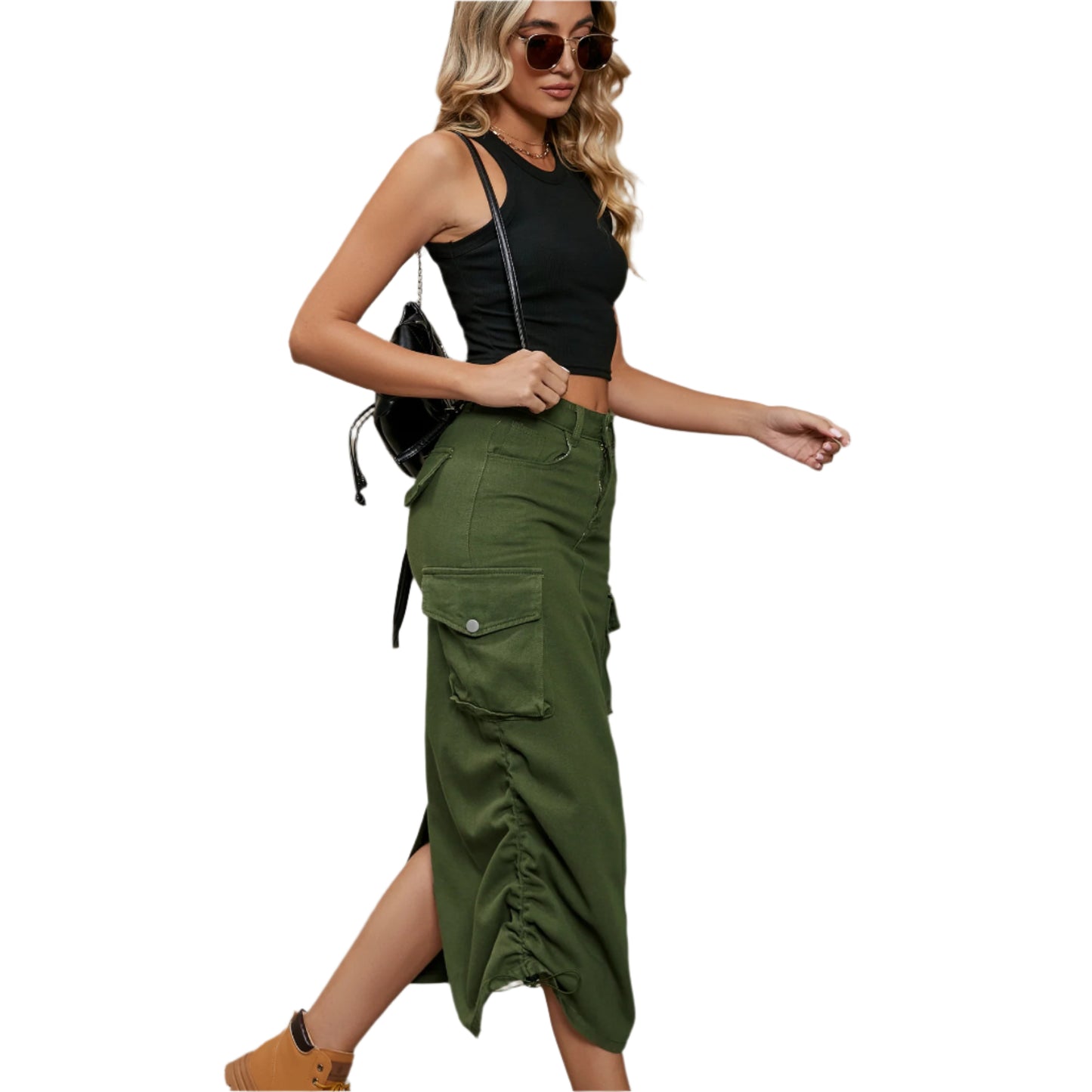 Drawstring Ruched Slit Denim Midi Skirt