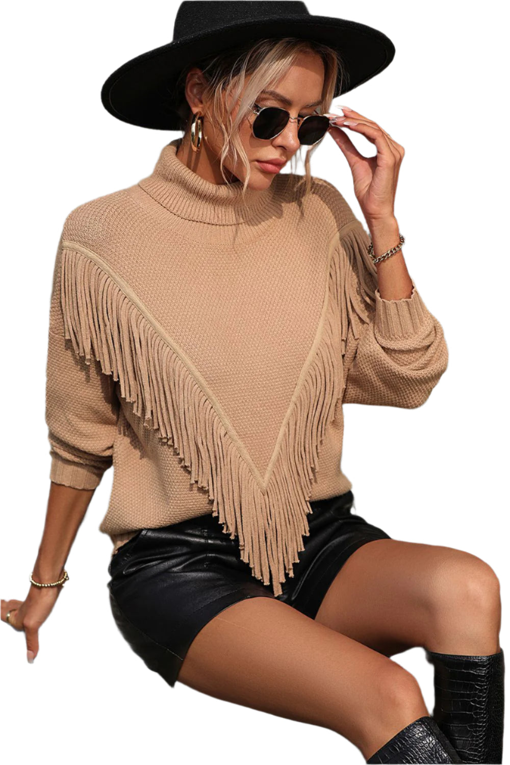 Turtle Neck Tassel Front Long Sleeve Pullover Sweater