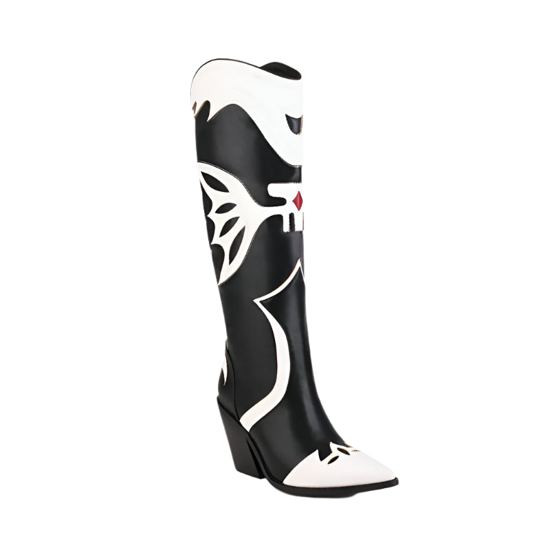 Black and White PU Leather Cowboy Boots