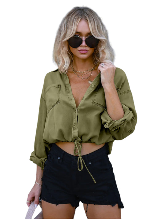 Drawstring Pocketed Button Up Denim Top