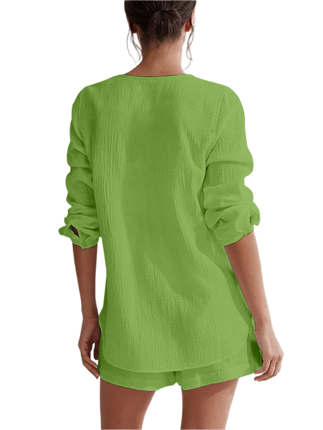 Notched Long Sleeve Top and Shorts Set