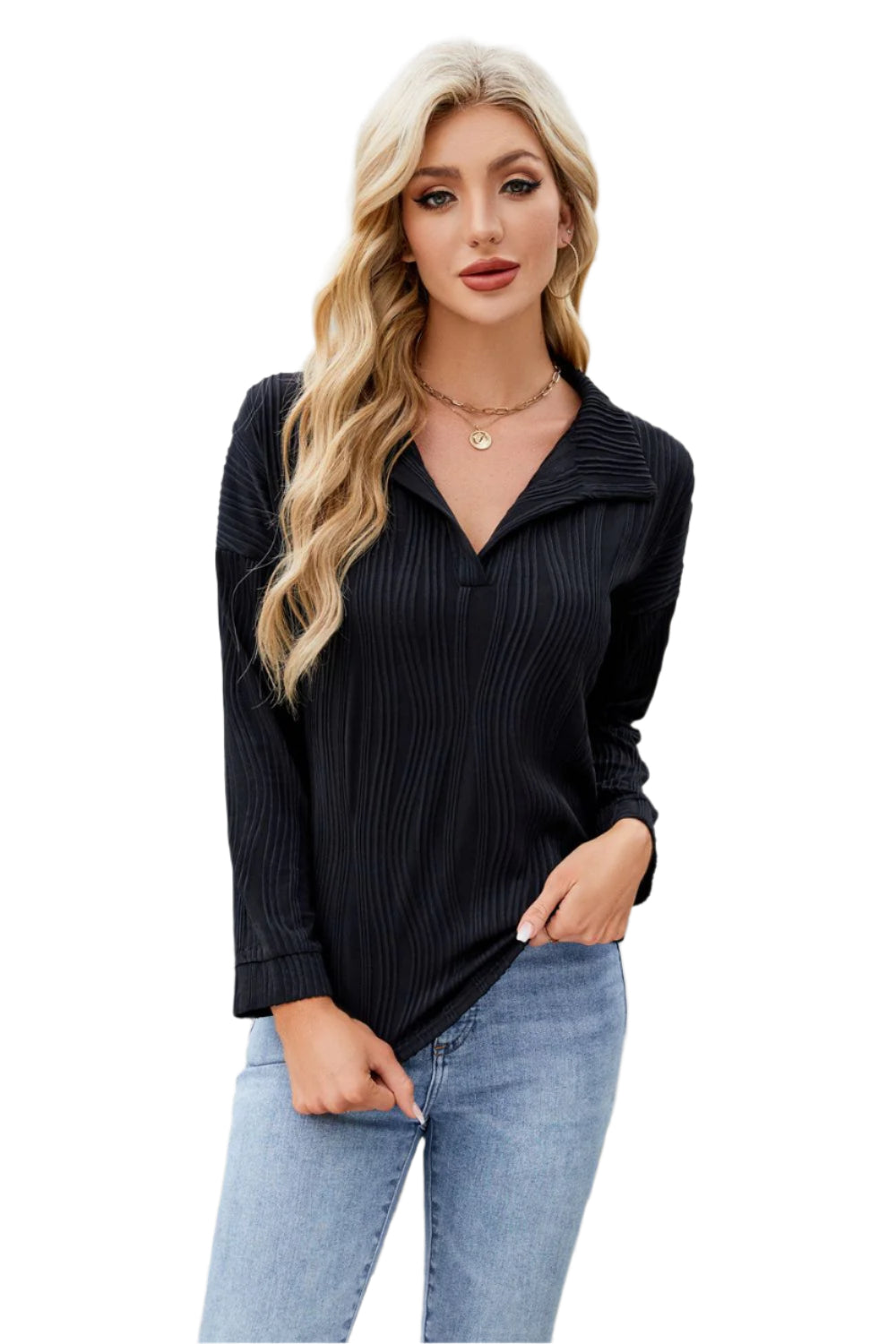 Texture Collared Neck Long Sleeve Blouse