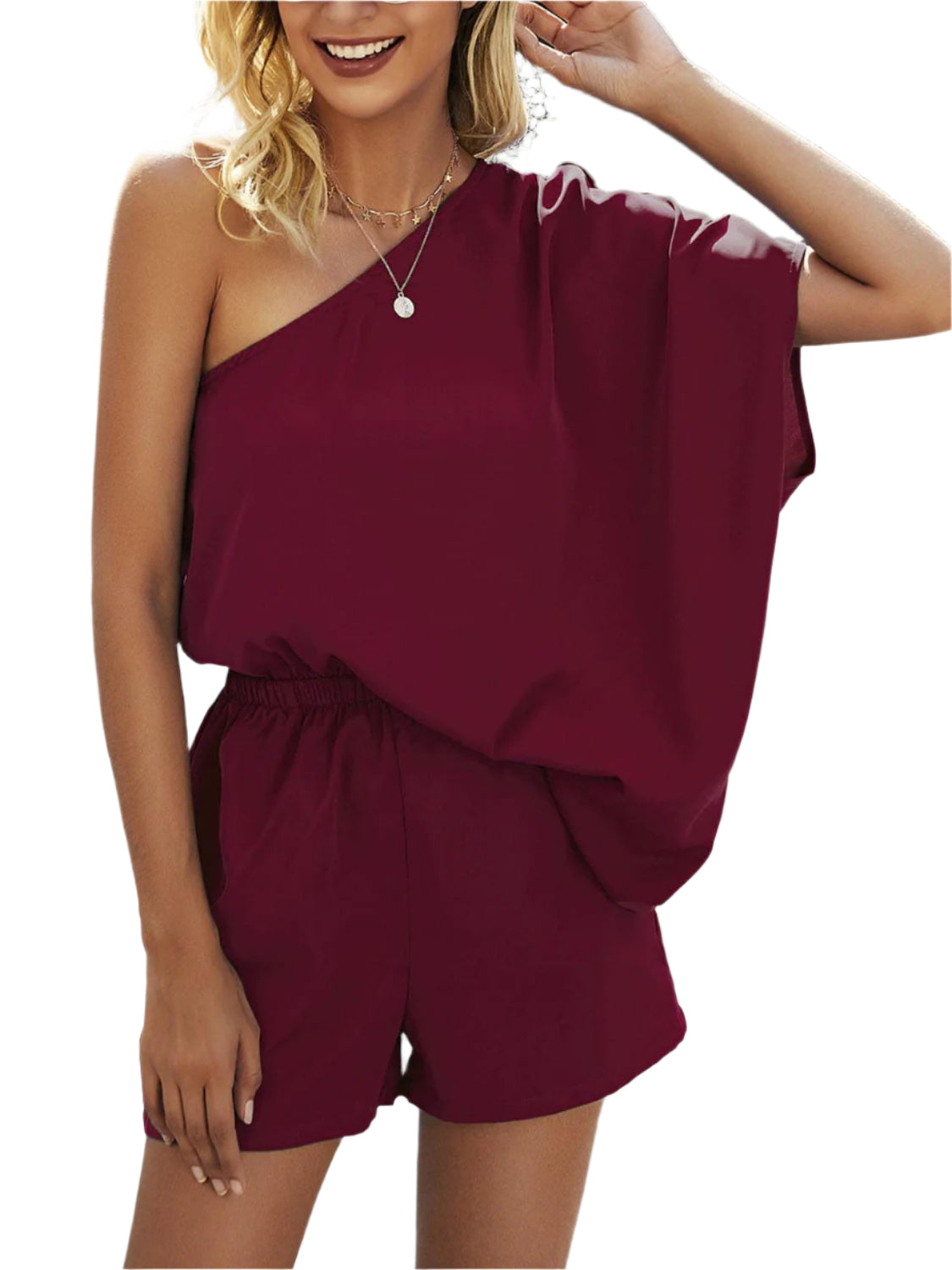 Single Shoulder Batwing Sleeve Romper
