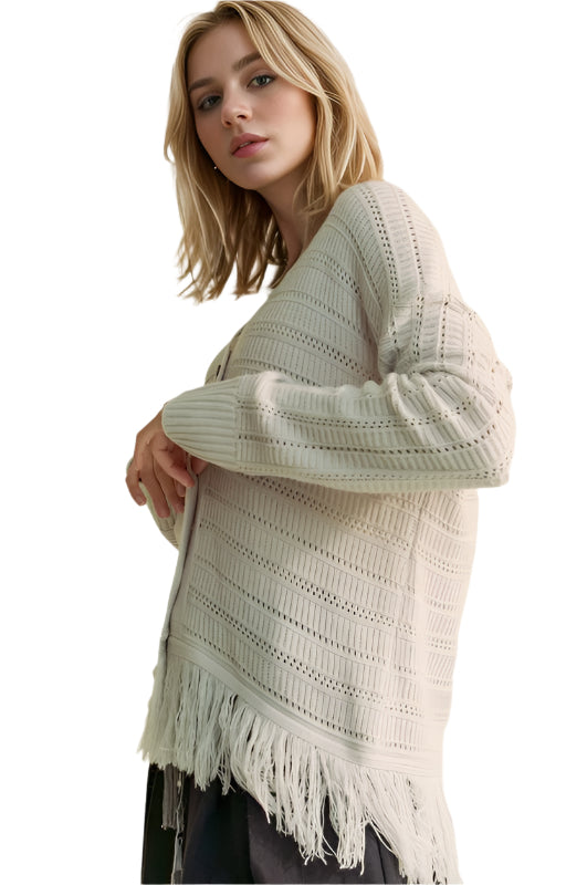 Davi & Dani Fringe V-Neck Button Up Long Sleeve Cardigan
