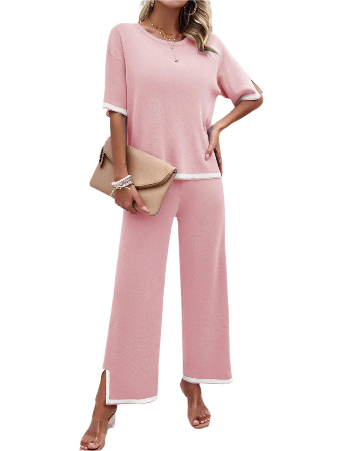 Devine Contrast Trim Round Neck Top and Pants Set