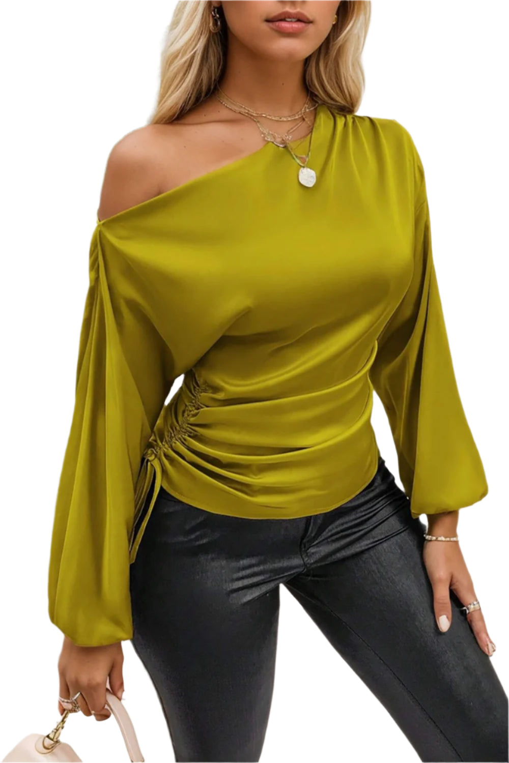 Drawstring One Shoulder Long Sleeve Blouse