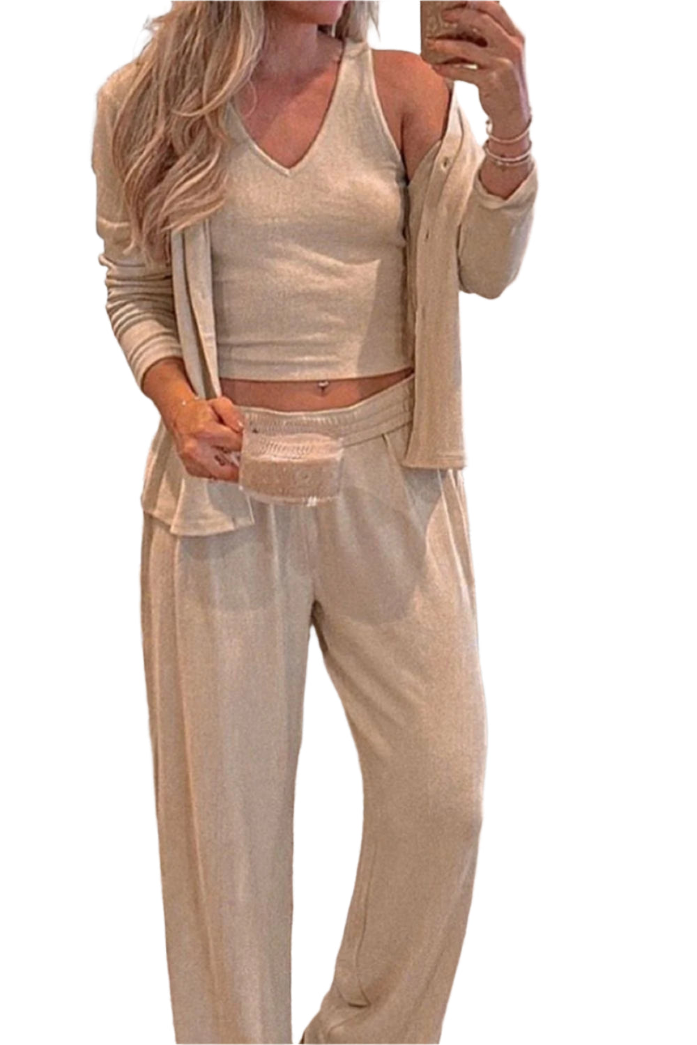 V-Neck Tank, Open Front Cardigan and Pants Lounge Set